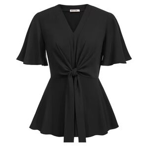 Grace Karin Women's Elegant VNeck Tie Front Short Bell Sleeve Top Blouse Black L